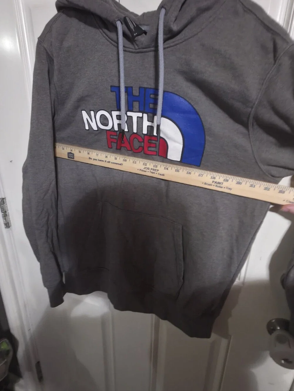 The North Face Men's Grey Hoodie with Red, White & Blue Logo Size L